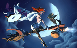 Witch broom flying fullmoon halloween - full free wallpaper