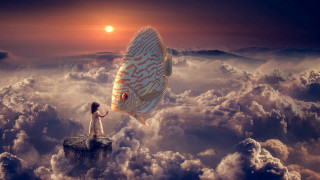 Woman fish clouds sunset cityscape - a surrealist painting free wallpaper