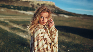 Woman blanket cellphone grass hill - art free wallpaper