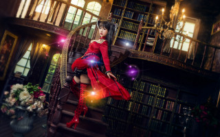 Woman red dress library staircase - fantasy style free wallpaper