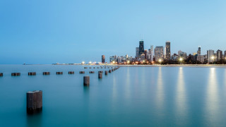 City skyline water wooden posts - wooden post free wallpaper