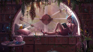 Woman reading book window cat - art station free wallpaper