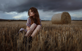 Woman field wheat bale cloudy - cloudy free wallpaper