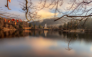 Lake church trees cloudy sky 2 - radiant free wallpaper