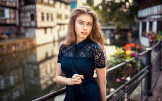 Blue dress woman bridge river - anka zhuravleva free wallpaper