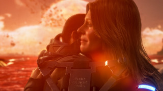 Futuristic woman man gun explosion - his hand free wallpaper