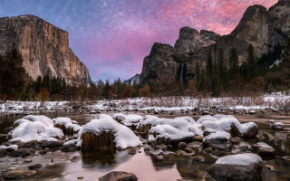 River snow mountains sunset nature - a pink sky free wallpaper