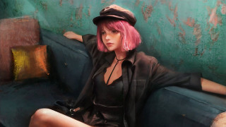 Pink hair sitting couch photorealism - drew struzan free wallpaper