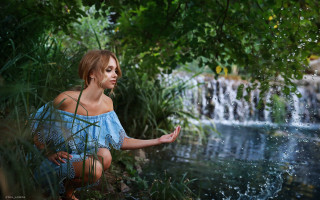 Woman blue dress waterfall nature - daphne mcclure free wallpaper