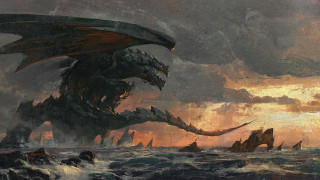 Dragon ship ocean sunset mountains - a ship in the ocean free wallpaper