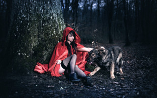 Woman red cloak dog woods - the wood free wallpaper
