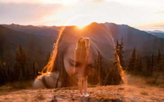Mountain woman horse sunset neo - neoromanticism free wallpaper