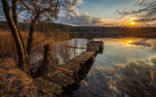 Wooden dock lake sunset autumn - the sun setting free wallpaper