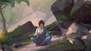 Woman forest mountain kimono sitting - a rock in a forest free wallpaper