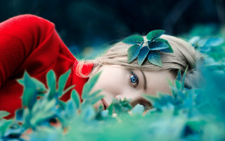 Woman green leaves red sweater - a red sweater free wallpaper