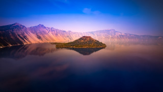 Small island lake mountains clouds - a small island in the middle of a lake free wallpaper