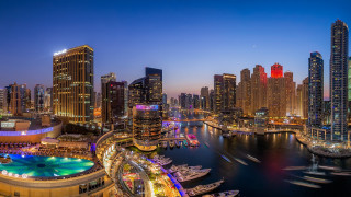 City skyline river marina night - panoramic view free wallpaper