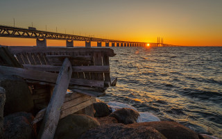 Bench shore sunset bridge boat - alexander jansson free wallpaper