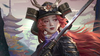 Woman sword helmet horns red - a sword and a helmet free wallpaper