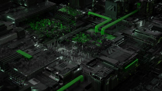 City overgrown green pipes skyscraper - the top of the building free wallpaper