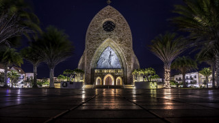 Clocktower palmtrees nightfireworks aurora galaxy - a walkway free wallpaper