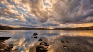 Lake rocks water clouds trees - cloudy free wallpaper