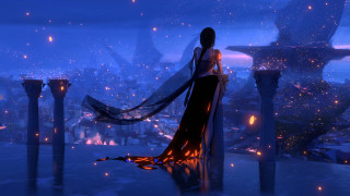 Fantasy city night woman platform - a city in the background free wallpaper