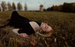 Woman grass blonde dress windmill - a windmill in the background free wallpaper