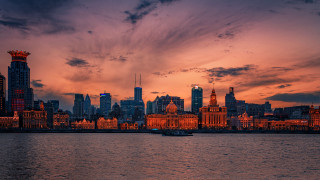 Sunset cityscape boat river mountain - bian jingzhao free wallpaper