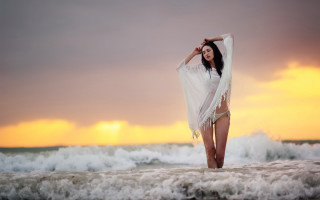 Woman beach sunset white dress 2 - sunset free wallpaper