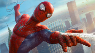 Spiderman city water fence skyscraper - his hand and a city in the background free wallpaper