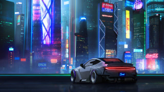 Futuristic car neon city night - alena aenami free wallpaper
