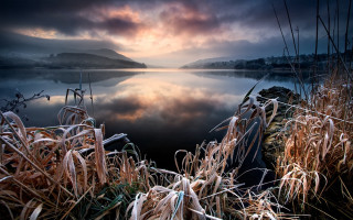 Lake mountain clouds grass evening - grass free wallpaper