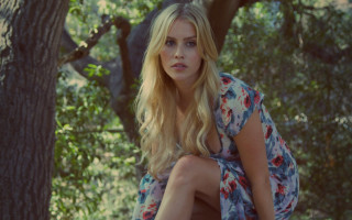 Woman forest tree stump blonde - a skirt free wallpaper