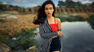 Woman glasses striped shirt pond - striped free wallpaper