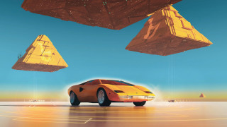 Yellow car desert pyramids blue - rich free wallpaper
