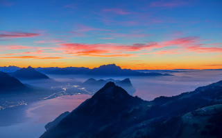 Mountain range sunset water city - mystical free wallpaper