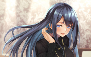 Blue haired woman serious portrait - long blue hair free wallpaper