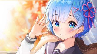 Blue hair girl waving autumn - her free wallpaper