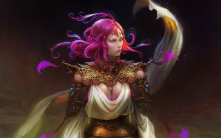 Pink haired woman sword gold - epic fantasy character art free wallpaper