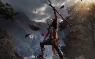 Man helmet sword forest bird - holding free wallpaper