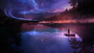 Night sky starry mountains lake - matte painting concept art free wallpaper