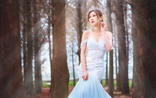 Woman blue dress tiaras forest - chen lin free wallpaper