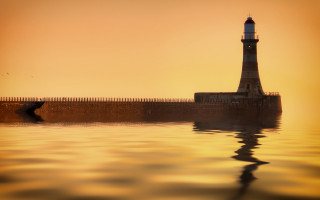 Lighthouse fence sunset impressionism matte - volumetric free wallpaper