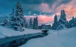River snow bridge clock matte - neoromanticism free wallpaper