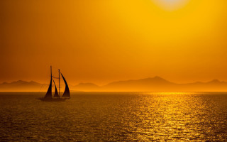 Sailboat ocean sunset mountains gradient - impressionist free wallpaper