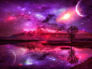 Purple sky stars tree mountain - a lake in the foreground free wallpaper