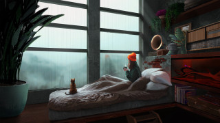 Cat bed room window fox - atey ghailan free wallpaper