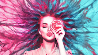 Blue hair woman heart blowing - blue hair holding free wallpaper