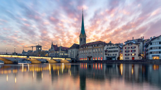 Sunset city bridge church river - kitsch movement free wallpaper for desktop